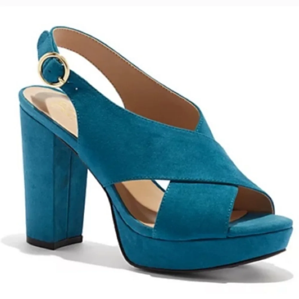New York & Company (Sz 8) Teal Blue Open Toe Ankle Buckle Strap Platform Heels